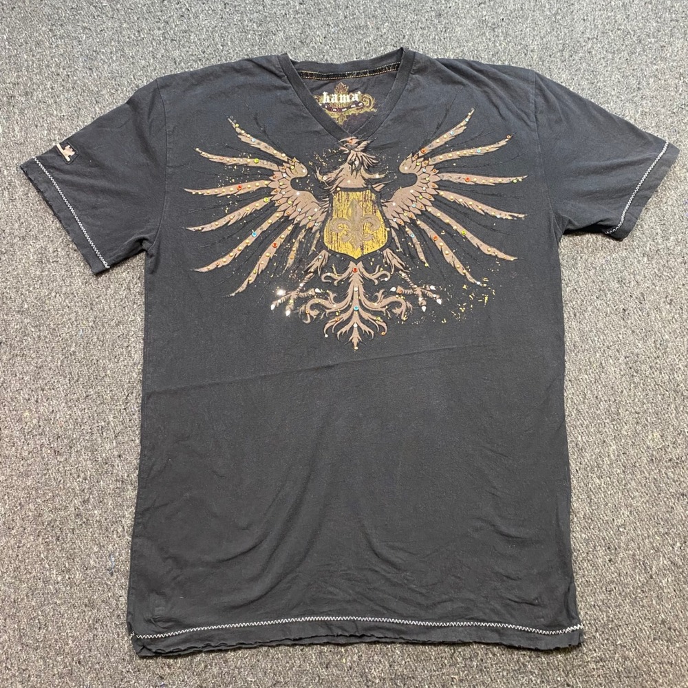 Hama TShirt Sz XL Mens Black Y2K Grunge Eagle Rhinestone Graphic V Neck